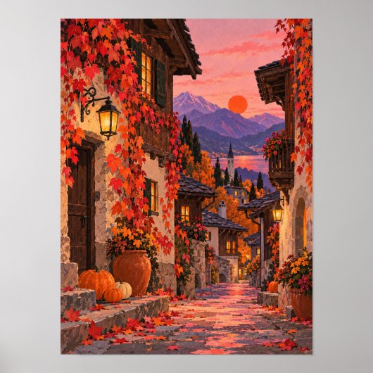 Herbstgasse mit Laternen und Weinlaub – Poster ポスター (正面)