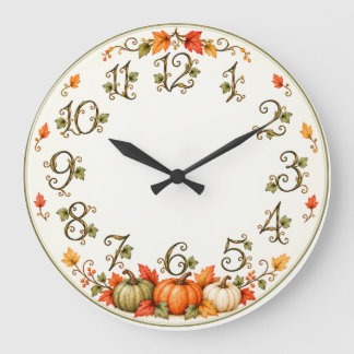 Herbstliche Wanduhr mit Kürbissen & Blättern ラージ壁時計