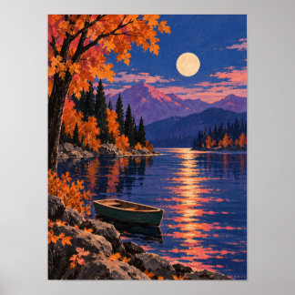 Herbstsee im Mondlicht mit Ruderboot – Wandkunst ポスター