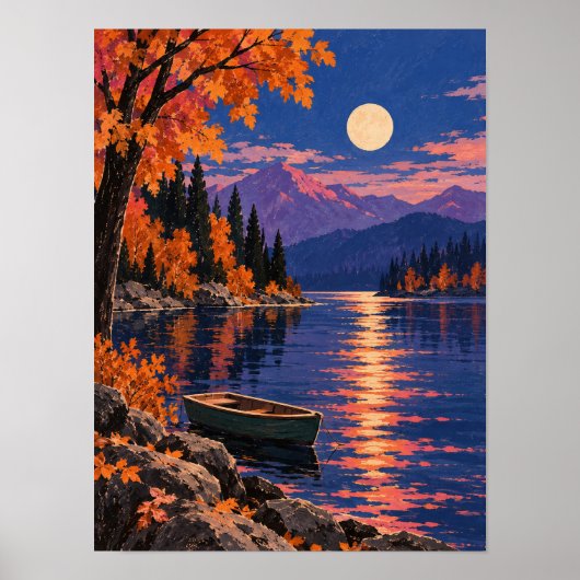 Herbstsee im Mondlicht mit Ruderboot – Wandkunst ポスター (正面)
