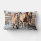 Herd of Mixed Breed Horses Running in the Snow ランバークッション (正面)