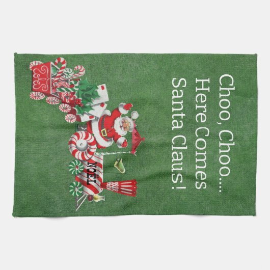 Here 来 Santa on  Candy Christmas Train Green キッチンタオル (横)