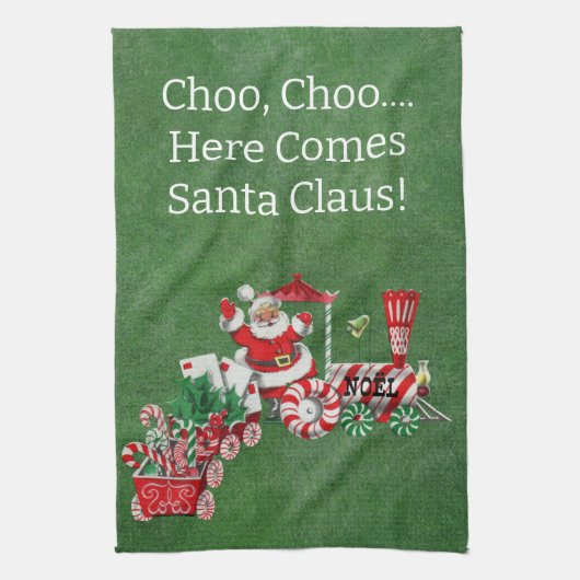 Here 来 Santa on  Candy Christmas Train Green キッチンタオル (縦)
