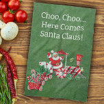 Here 来 Santa on  Candy Christmas Train Green キッチンタオル<br><div class="desc">このキッチンのハンドタオルは、サンタにペパーミントのキャンディの車のキャンディと手紙赤と白でクリスマスの列車に乗っ運たサンタクロースとダークグリーン。チョーカスタマイズ、チョー…ここ来のサンタ・クロース文字とテンプレート。</div>