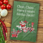 Here 来 Santa on  Candy Christmas Train Green キッチンタオル