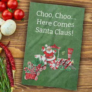 Here 来 Santa on Candy Christmas Train Green キッチンタオル