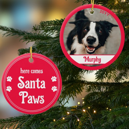 Here 来 Santa Paws Dog Photo Redオーナメント セラミックオーナメント