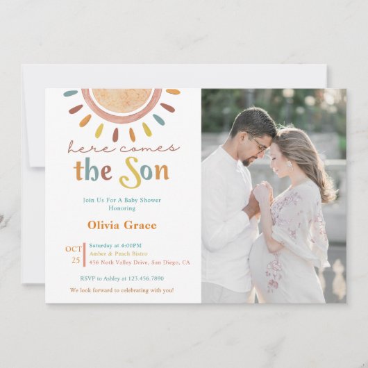 Here 来 The Sun Baby Shower Photo 招待状 (正面)
