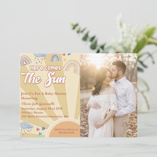 Here 来 The Sun Baby Shower Rainbow写真 招待状 (スタンド正面)