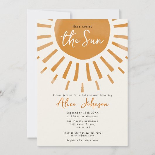 Here 来 The Sun Boho Baby Shower 招待状 (正面)