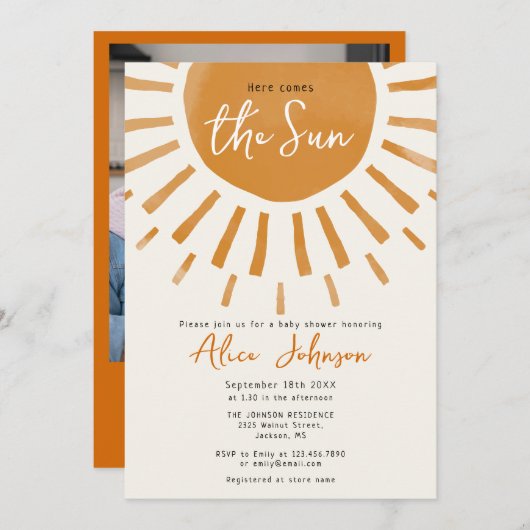 Here 来 The Sun Boho Photo Baby Shower 招待状 (正面/裏面)