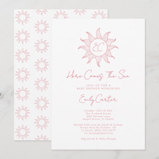 Here 来 The Sun Girl Sunshine Baby Shower Pink 招待状 (正面/裏面)