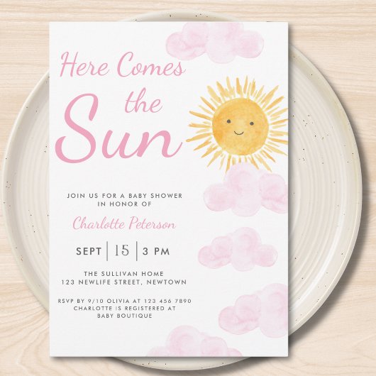 Here 来 The Sun Girl's Baby Shower 招待状