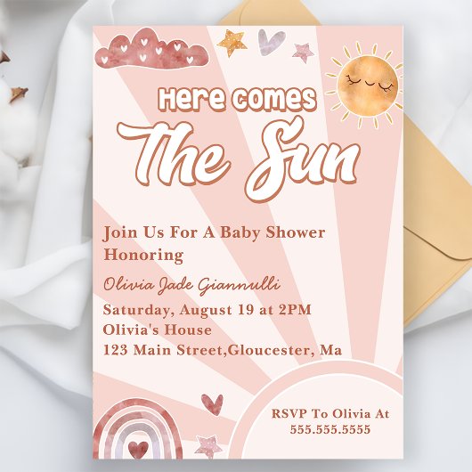 Here 来 The Sun Pink Rainbow Baby Shower 招待状