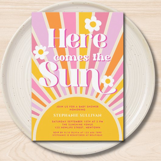 Here 来 The Sun Sunshine Girl Baby Shower 招待状