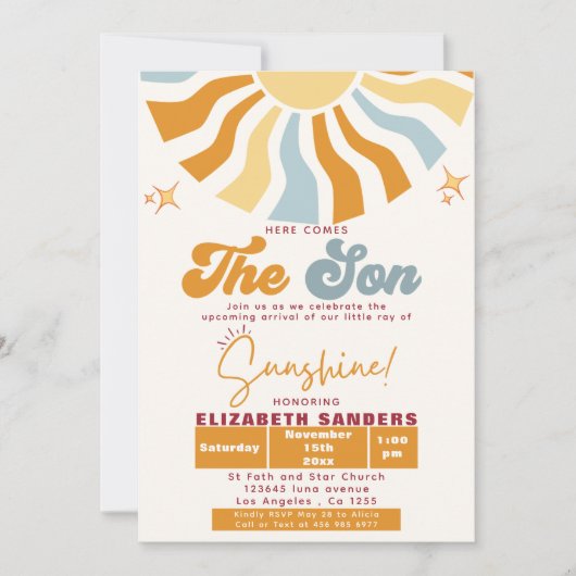 Here come the son - Retro Sun Baby Shower 招待状 (正面)