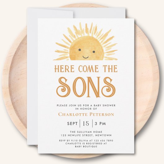 Here Come the Sons Sunshine Twins Baby Shower  招待状