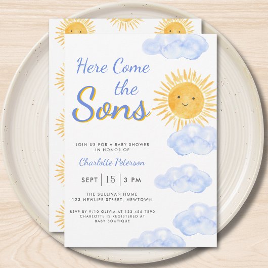 Here Come The Sons Twin Boys Baby Shower 招待状