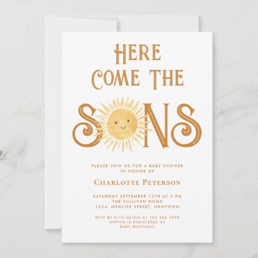Here Come The Sons Twin Boys Baby Shower  招待状 (正面)