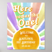 Here Comes The One! レトロな太陽の1歳の誕生日ウェルカム ポスター (正面)