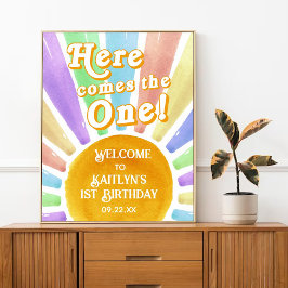 Here Comes The One! レトロな太陽の1歳の誕生日ウェルカム ポスター
