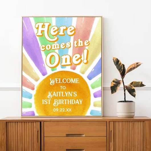 Here Comes The One! レトロな太陽の1歳の誕生日ウェルカム ポスター