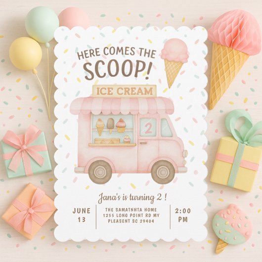 Here Comes the Scoop! | ピンクのアイスクリームトラック 招待状