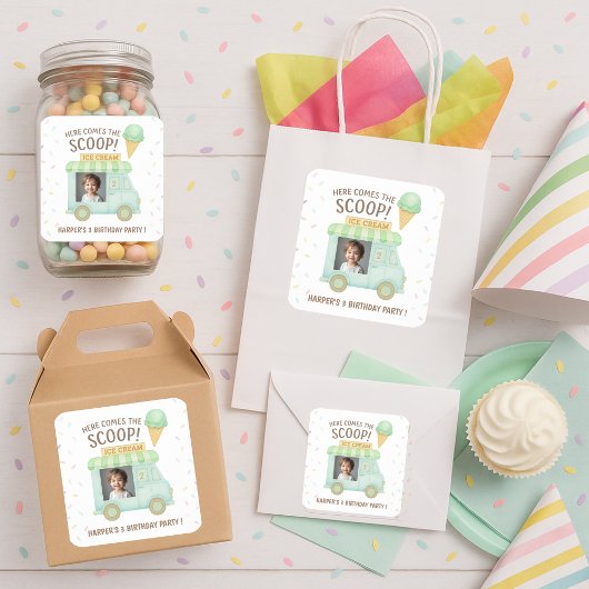 Here Comes the Scoop! Mint Ice Cream Truck Photo  スクエアシール