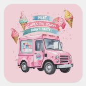 Here Comes the Scoop! Pink Ice Cream Truck  スクエアシール (正面)