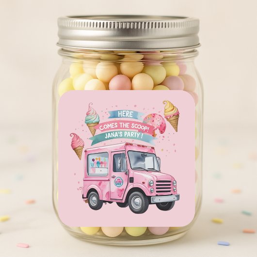 Here Comes the Scoop! Pink Ice Cream Truck  スクエアシール