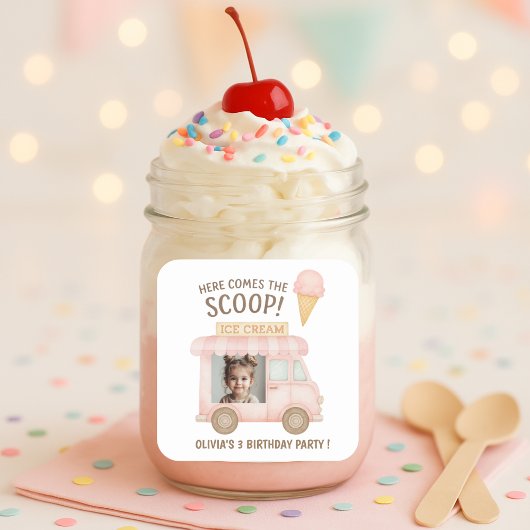 Here Comes the Scoop! | Pink Ice Cream Truck Photo スクエアシール