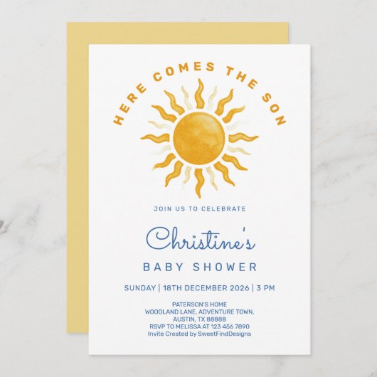 Here comes the son baby boy shower 招待状 (正面/裏面)