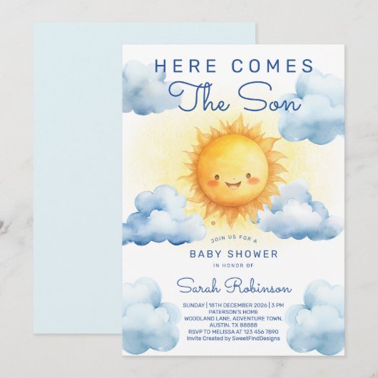 Here Comes The Son Baby Shower 招待状 (正面/裏面)
