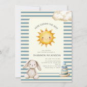 Here comes the son blue cream stripes baby shower 招待状 (正面)