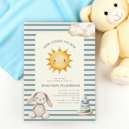 Here comes the son blue cream stripes baby shower 招待状