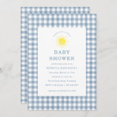 Here Comes The Son Blue Gingham Baby Shower 招待状 (正面/裏面)