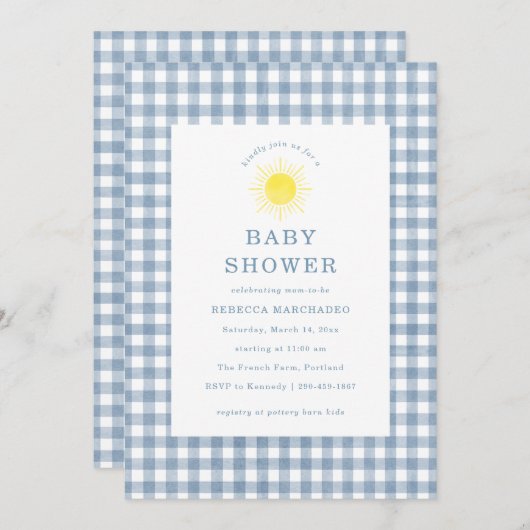 Here Comes The Son Blue Gingham Baby Shower 招待状 (正面/裏面)