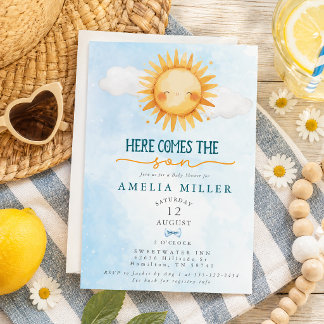 Here Comes the Son Blue Sky Boy Baby Shower 招待状