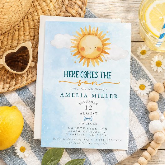 Here Comes the Son Blue Sky Boy Baby Shower 招待状