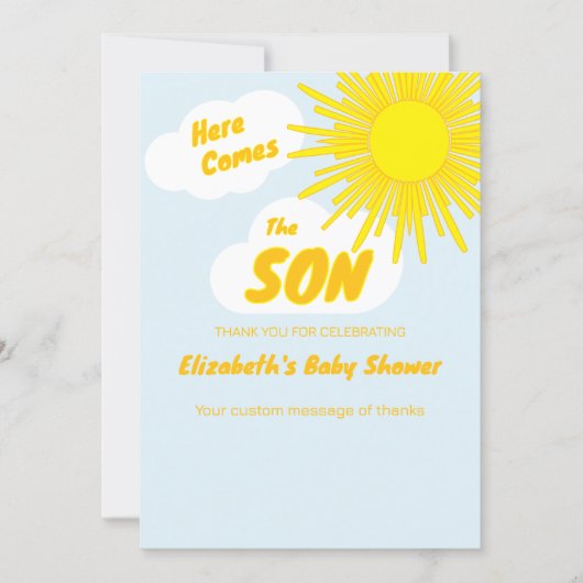 Here Comes The Son Boy Baby Shower サンキューカード (正面)