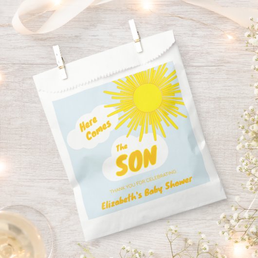 Here Comes The Son Boy Baby Shower フェイバーバッグ (クリップ留めされた状態)