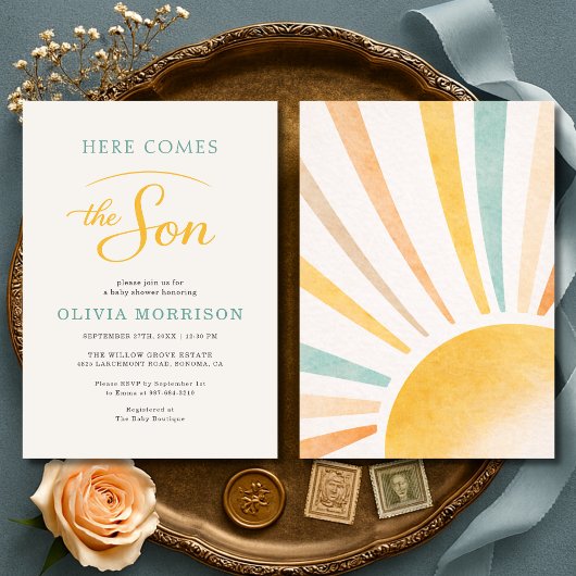 Here Comes the Son Boy Baby Shower 招待状