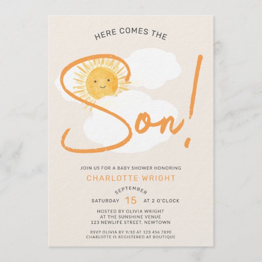 Here Comes The Son Boy Baby Shower 招待状 (正面)