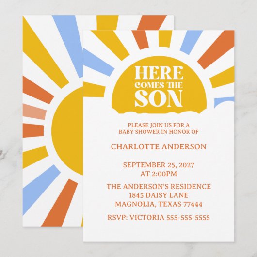 Here Comes The Son Boy Baby Shower 招待状 (正面/裏面)