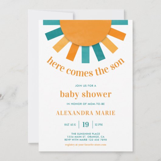 Here Comes the Son Modern Summer Baby Shower 招待状 (正面)