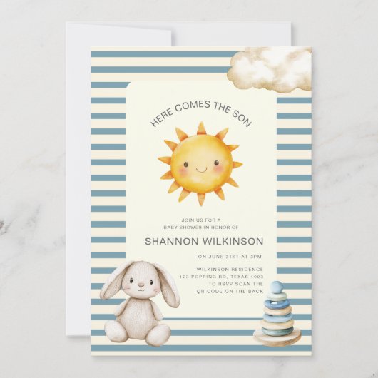 Here comes the son QR code stripes baby shower 招待状 (正面)