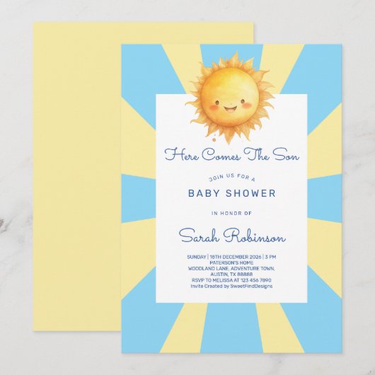 Here Comes The Son Retro Baby Shower 招待状 (正面/裏面)