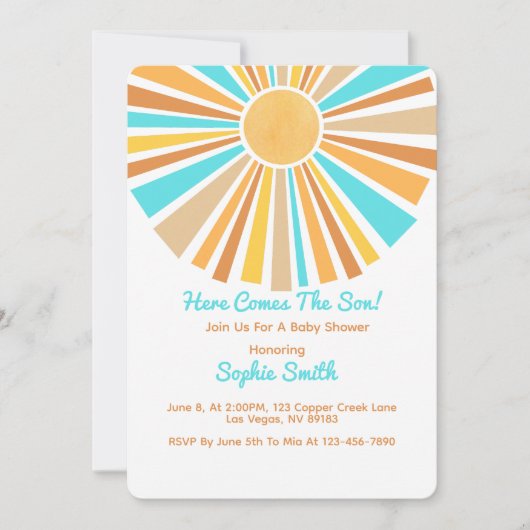 Here Comes The Son, Retro Boho Rainbow 招待状 (正面)