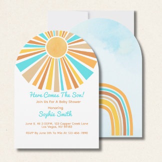 Here Comes The Son, Retro Sunshine Orange Blue  招待状
