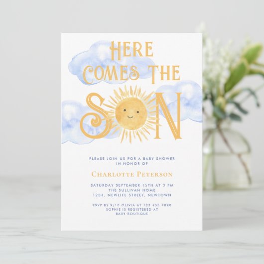 Here Comes The Son Sun Clouds Baby Shower 招待状 (スタンド正面)